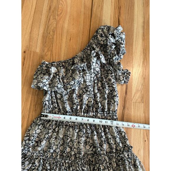 Misa One Shoulder Ruffle Mini Dress Floral Black Ivory Size Medium Josefine - Picture 8 of 10